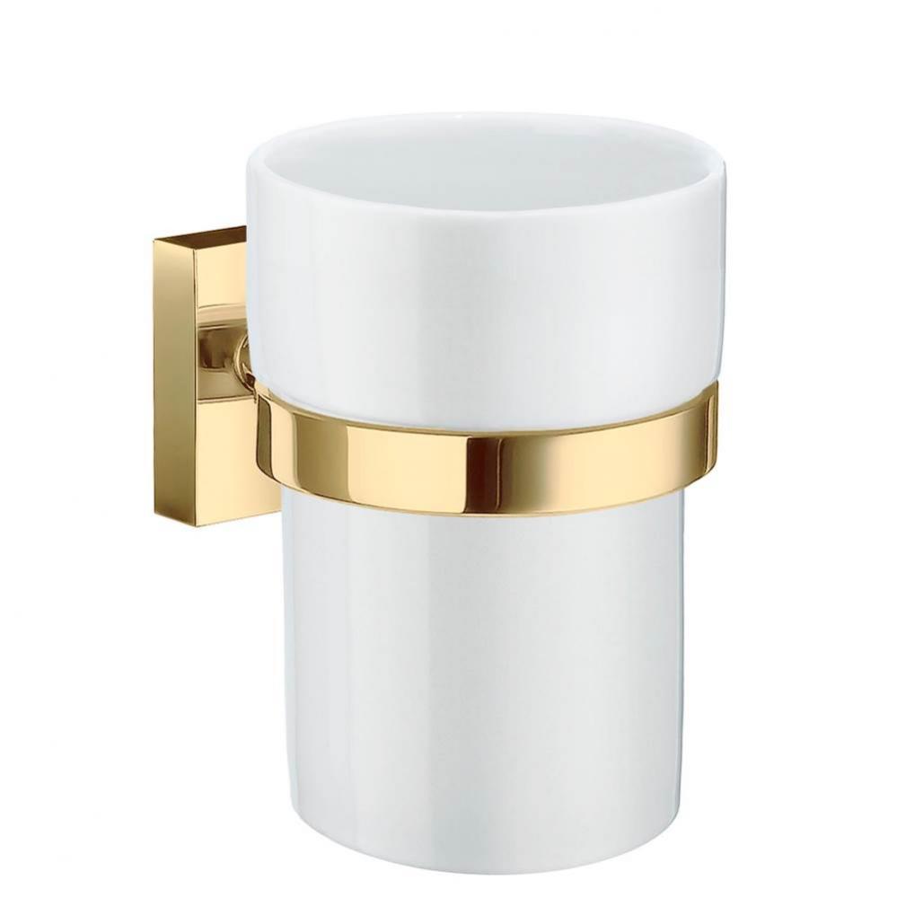 HOUSE TUMBLER &amp; HOLDER MATTE POLISHED BRASS/WHITE CERAMIC