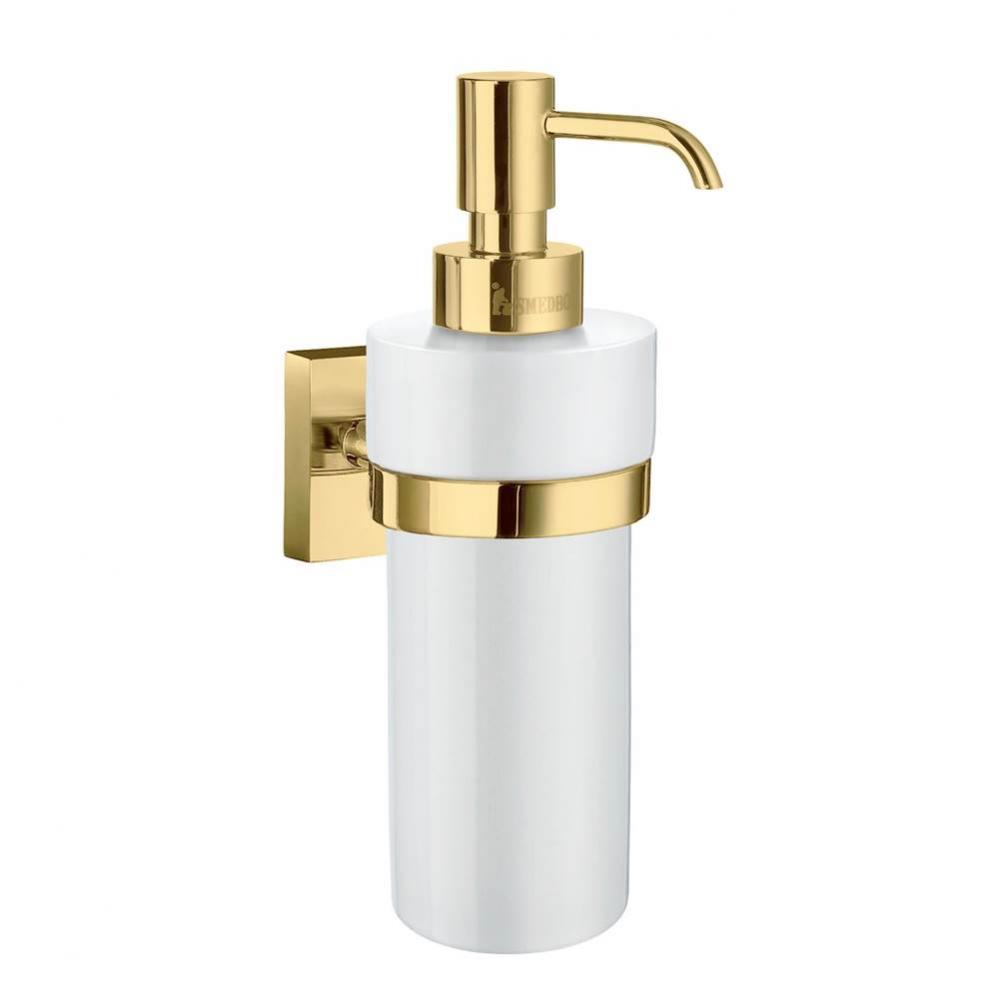 HOUSE SOAP PUMP &amp; HOLDER POLISHED BRASS/WHITE CERAMIC