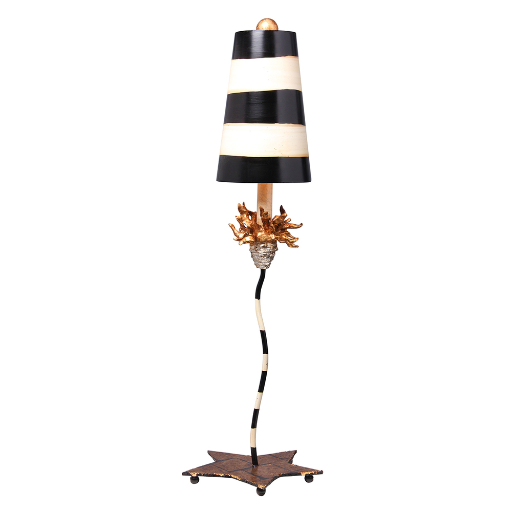 La Fleur Buffet Table Lamp in Black & White Striped Shade with Distressed Gold Accents