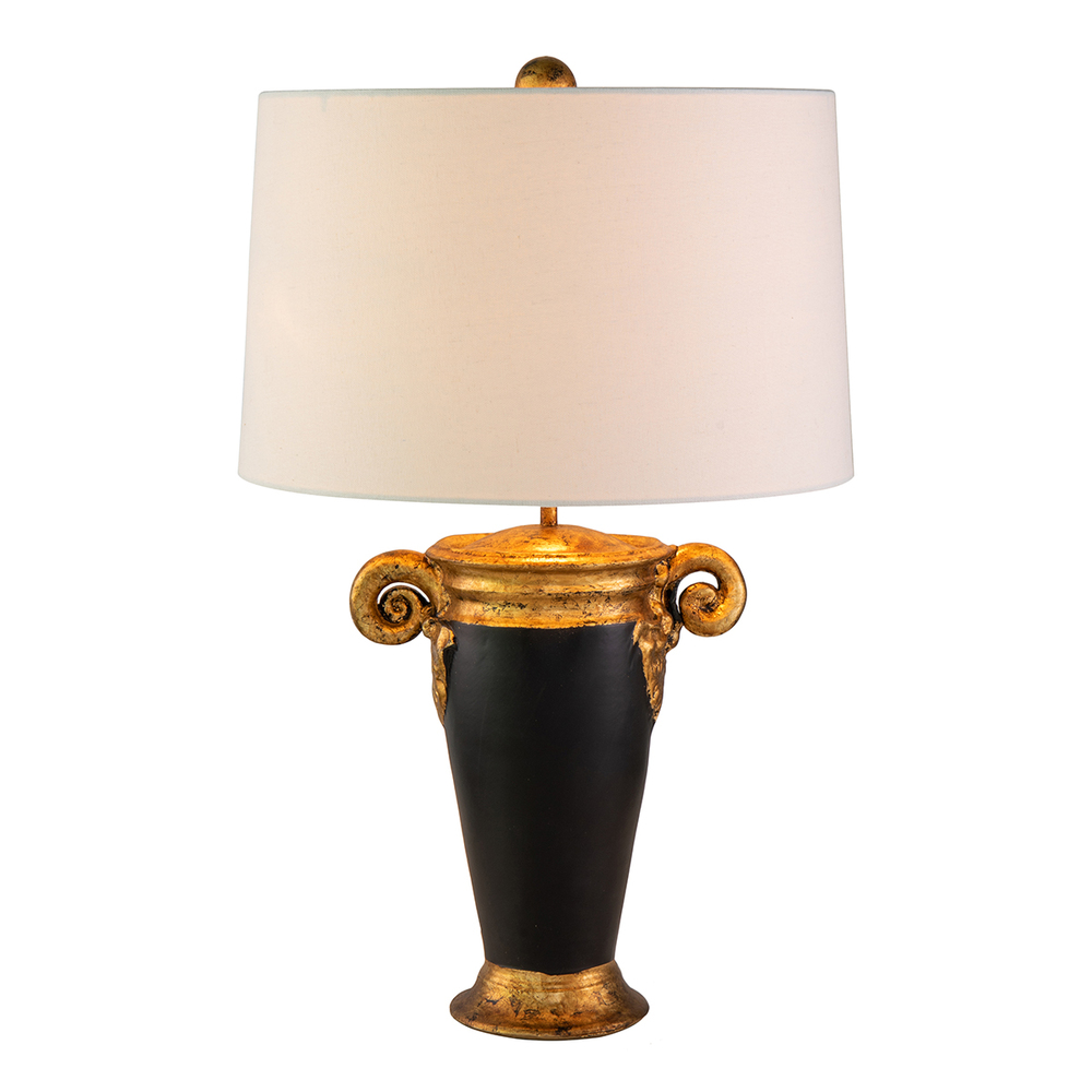 Gallier Table Lamp in Black and Distressed Gold White Fabric Shade