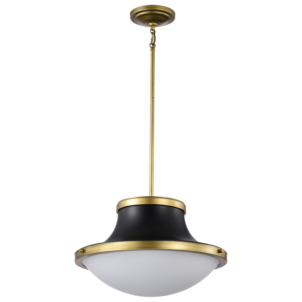 Lafayette 3 Light Pendant; 18 Inches; Matte Black Finish with Natural Brass Accents and White Opal
