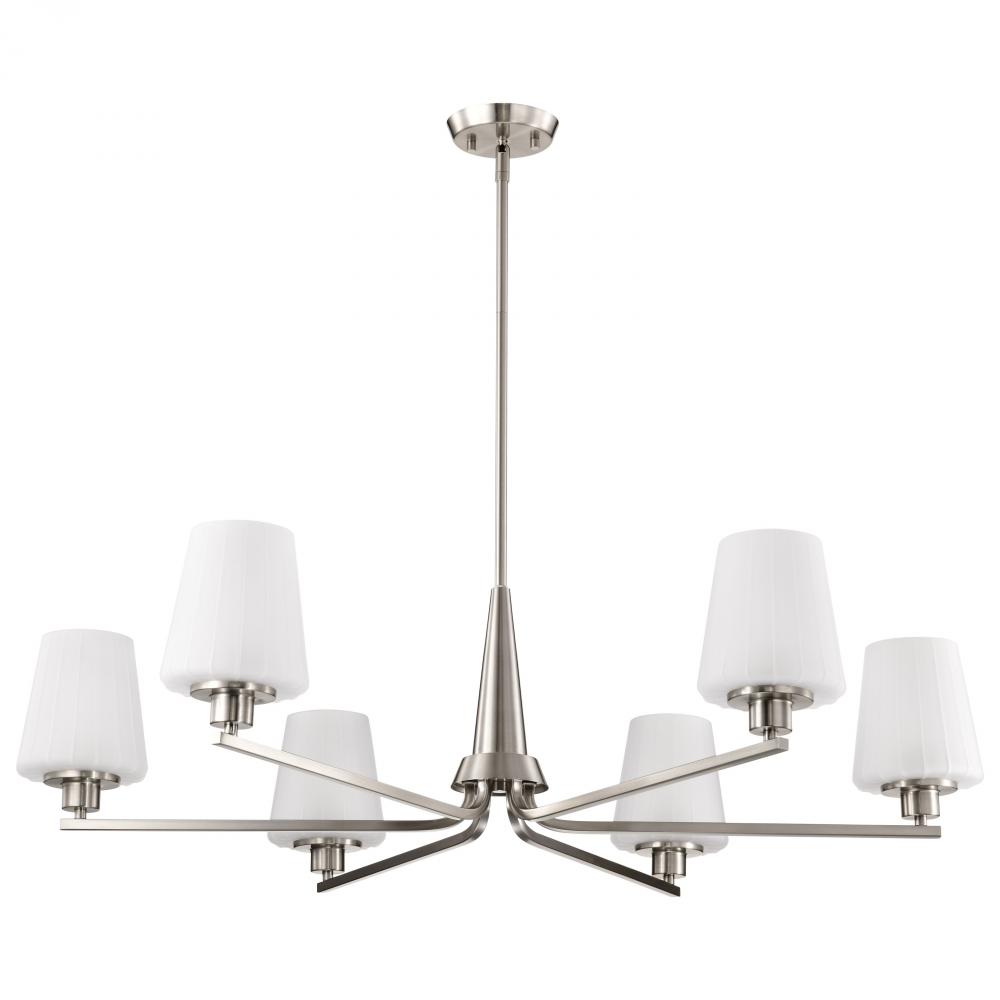 Lune; 6 Light Chandelier; Brushed Nickel Finish; Etched White Glass